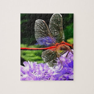 Rote Libelle auf Violet Purple Blumen Puzzle
