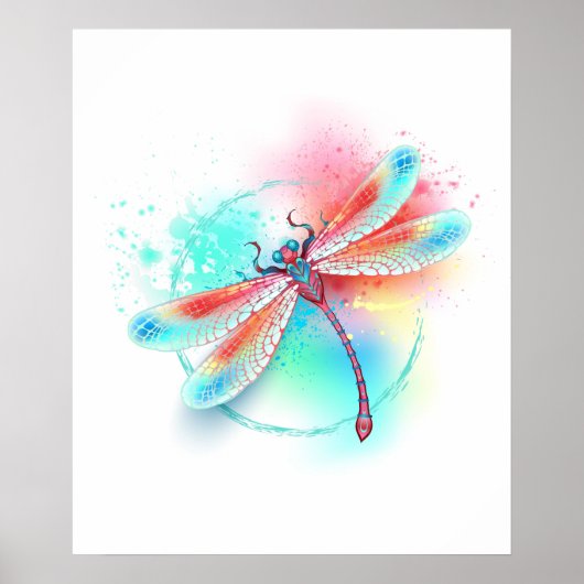 Rote Libelle auf Wasserfarbenhintergrund Poster (Vorne)