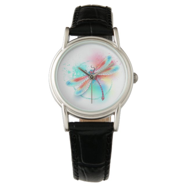 Rote Libelle im Aquarellhintergrund Armbanduhr (Vorderseite)