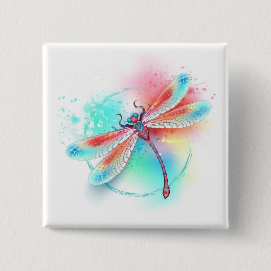 Rote Libelle im Aquarellhintergrund Button (Vorderseite)