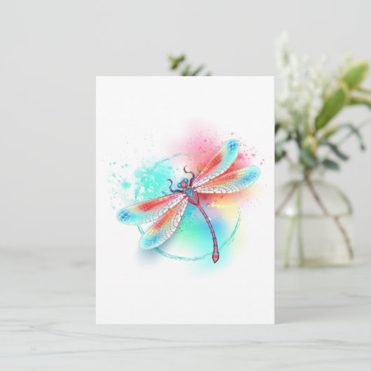 Rote Libelle im Aquarellhintergrund Einladung (Stehend Vorderseite)