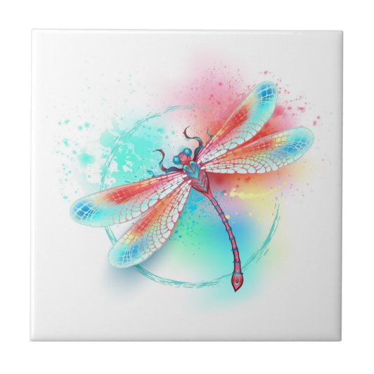 Rote Libelle im Aquarellhintergrund Fliese (Vorderseite)