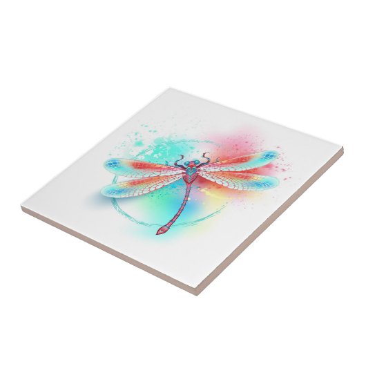 Rote Libelle im Aquarellhintergrund Fliese (Seite)