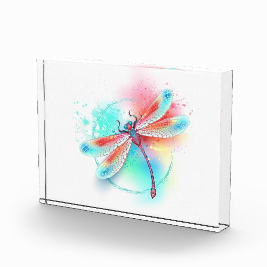 Rote Libelle im Aquarellhintergrund Fotoblock (Rechts)