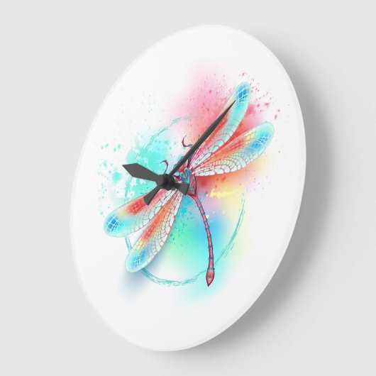 Rote Libelle im Aquarellhintergrund Große Wanduhr (Winkel)
