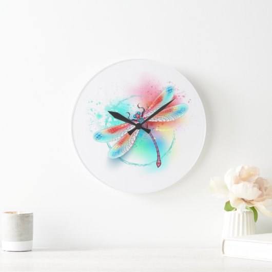 Rote Libelle im Aquarellhintergrund Große Wanduhr (Zuhause)