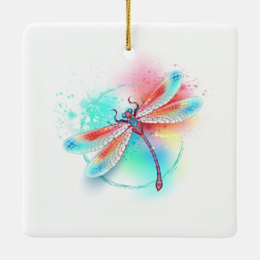 Rote Libelle im Aquarellhintergrund Keramikornament (Rückseite)