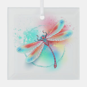 Rote Libelle im Aquarellhintergrund Ornament Aus Glas
