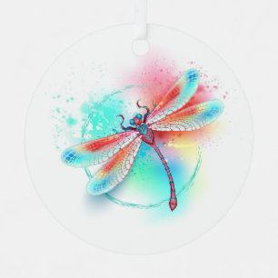 Rote Libelle im Aquarellhintergrund Ornament Aus Metall