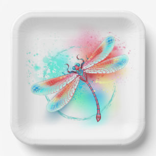 Rote Libelle im Aquarellhintergrund Pappteller