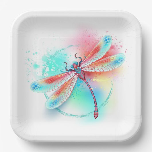 Rote Libelle im Aquarellhintergrund Pappteller (Vorderseite)