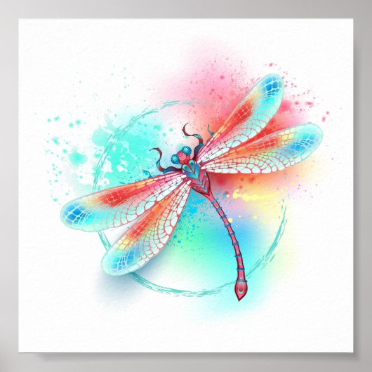 Rote Libelle im Aquarellhintergrund Poster (Vorne)