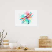 Rote Libelle im Aquarellhintergrund Poster (Küche)