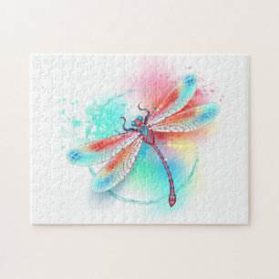 Rote Libelle im Aquarellhintergrund Puzzle