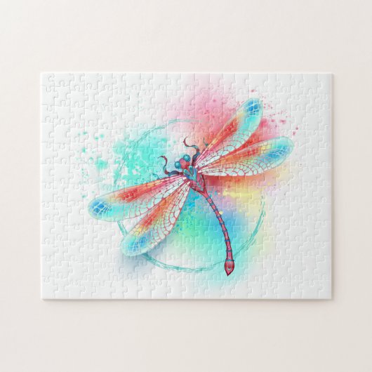 Rote Libelle im Aquarellhintergrund Puzzle (Horizontal)