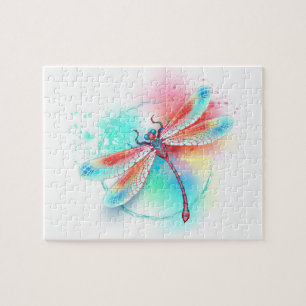 Rote Libelle im Aquarellhintergrund Puzzle