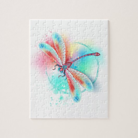 Rote Libelle im Aquarellhintergrund Puzzle (Vertikal)