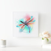 Rote Libelle im Aquarellhintergrund Quadratische Wanduhr (Zuhause)