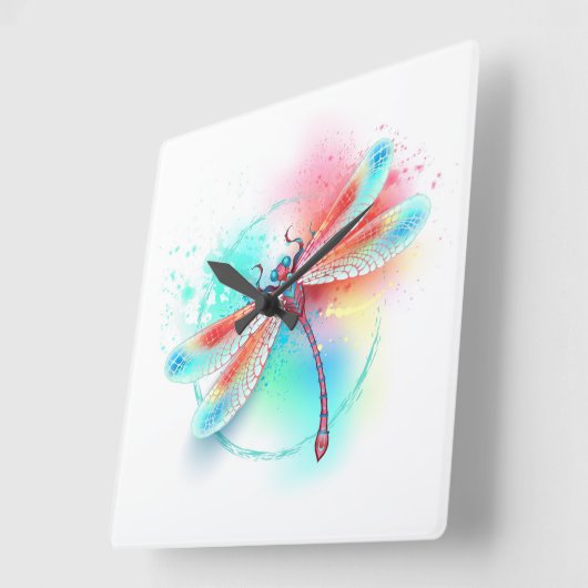 Rote Libelle im Aquarellhintergrund Quadratische Wanduhr (Winkel)