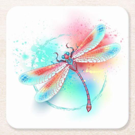 Rote Libelle im Aquarellhintergrund Rechteckiger Pappuntersetzer (Vorderseite)