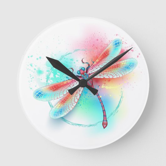 Rote Libelle im Aquarellhintergrund Runde Wanduhr (Vorderseite)