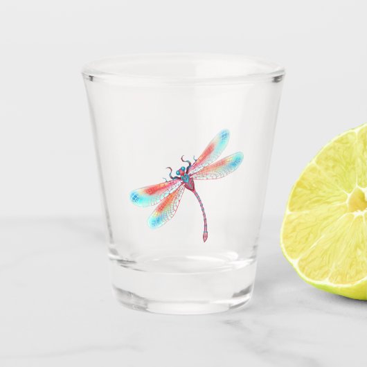 Rote Libelle im Aquarellhintergrund Schnapsglas (Vorderseite)