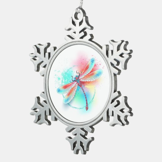 Rote Libelle im Aquarellhintergrund Schneeflocken Zinn-Ornament (Rechts)