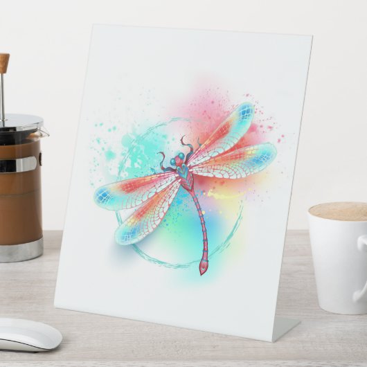 Rote Libelle im Aquarellhintergrund Sockelschild (In Situ)