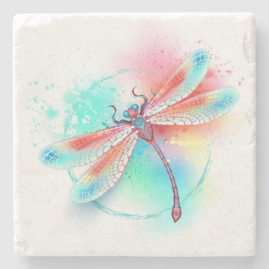 Rote Libelle im Aquarellhintergrund Steinuntersetzer (Vorderseite)