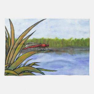 Rote Libelle in Aquarellfarbe auf Gras und See Küchentuch