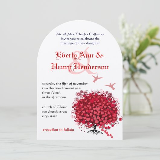 Rote Liebe Bäume Vögel 5 x 7 Einladung Hochzeit (Stehend Vorderseite)