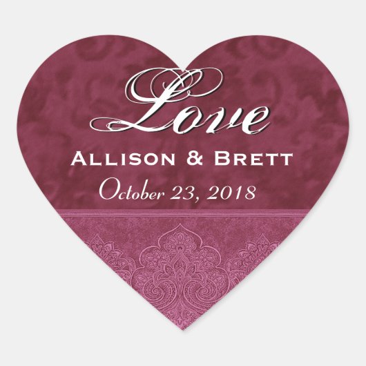 Rote Liebe Braut und Geburtsdatum Herz-Aufkleber (Vorderseite)