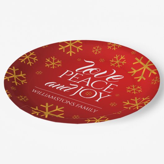 Rote Liebe, Frieden und Freude mit Schneeflocken Pappteller (Schrägansicht)