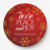 Rote Liebe, Frieden und Freude mit Schneeflocken Pappteller (Vorderseite)