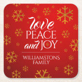 Rote Liebe, Frieden und Freude mit Schneeflocken Rechteckiger Pappuntersetzer (Vorderseite)