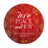 Rote Liebe, Frieden und Freude mit Schneeflocken Schneidebrett (Vorderseite)