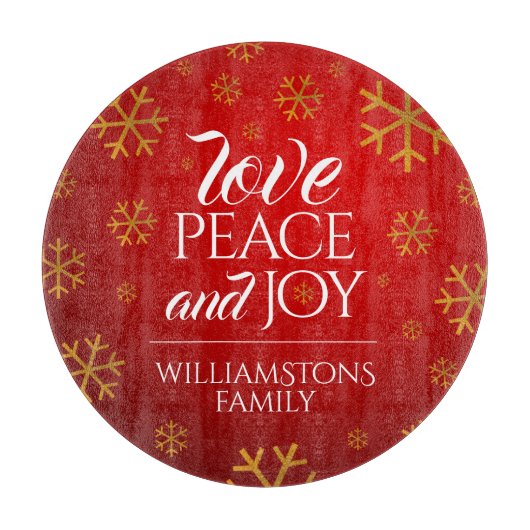 Rote Liebe, Frieden und Freude mit Schneeflocken Schneidebrett (Vorderseite)