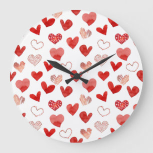 Rote Liebe Herz, Aquarellmuster. Große Wanduhr