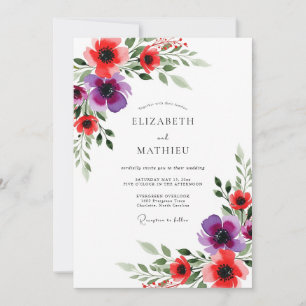Rote lila Blumen Hochzeit im Whimsical-Stil Einladung