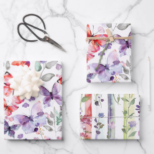 Rote Lila Schmetterlinge Blumen Geburtstag Geschenkpapier Set