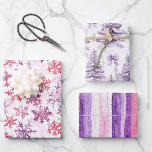 Rote Lila Schneeflocken Weihnachtsbaum Streifen Geschenkpapier Set