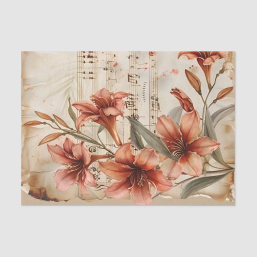 Rote Lilien Blüten Vintages Musikblatt Ephemere Seidenpapier (Vorderseite)