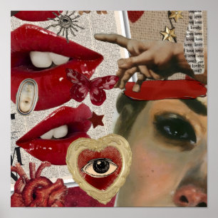 Rote Lippen Collage Kühner Pop-Art-Herzdruck Poster