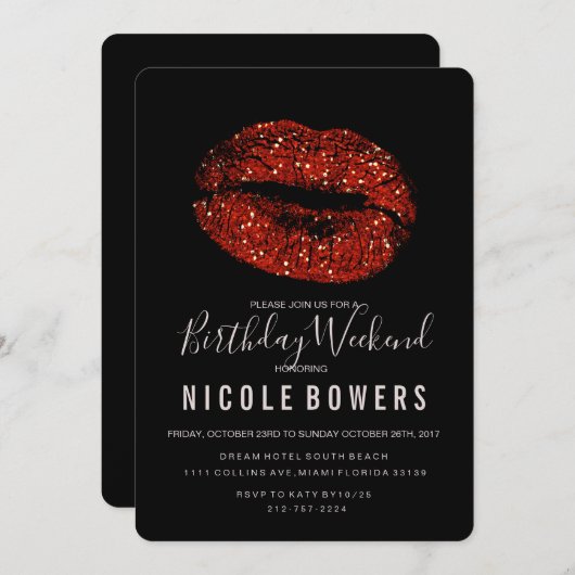 Rote Lippen Einladung zum Geburtstag Wochenende (Vorne/Hinten)