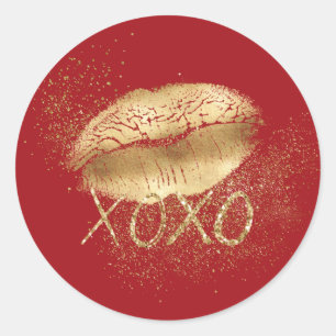 Rote Lippen Kiss Gold Glitzer XOXO Runder Aufkleber