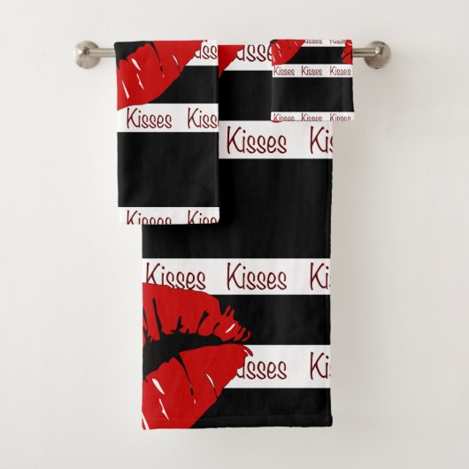 Rote Lippen Kisses Black Strip Badetuch Set (Insitu)