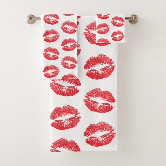 Rote Lippen, Lippenmuster, Roter Lippenstift, Kuss Badhandtuch Set (Insitu)