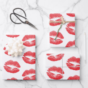 Rote Lippen, Lippenmuster, Roter Lippenstift, Kuss Geschenkpapier Set