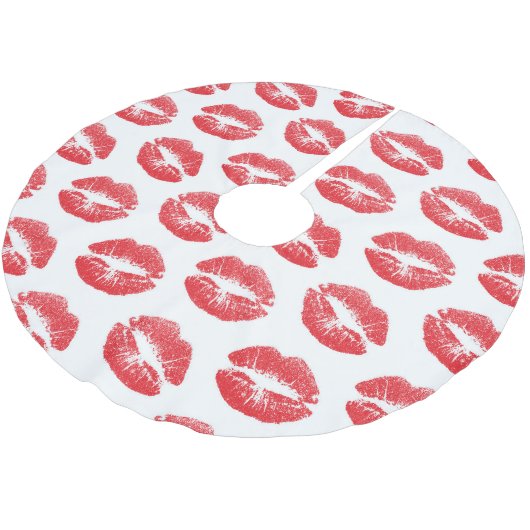 Rote Lippen, Lippenmuster, Roter Lippenstift, Kuss Polyester Weihnachtsbaumdecke (Schrägansicht)