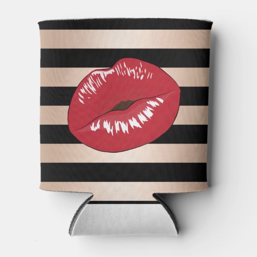 Rote Lippen Rose Schwarze Streifen Muster Dosenkühler (Vorderseite)